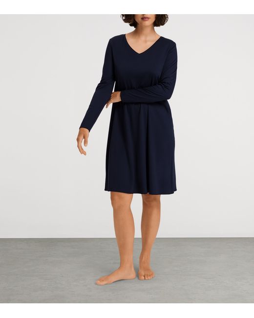 Hanro Blue Cotton Long-Sleeve Nightdress