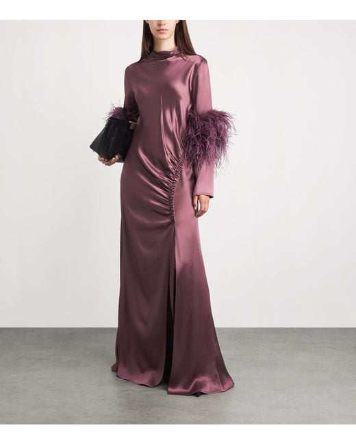 LAPOINTE Purple Satin Feather-Trimmed Gown