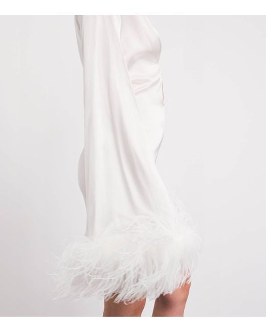 Oseree White Feather-Trim Kaftan Mini Dress
