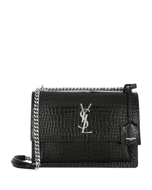 Saint Laurent Black Medium Sunset Croc-Embossed Shoulder Bag