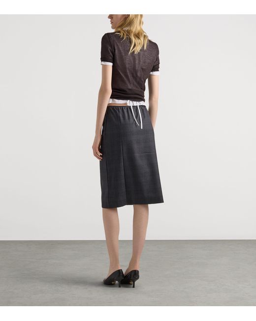 Prada Black Wool Check Midi Skirt