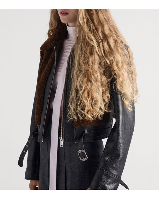 Prada Brown Belted Shearling-Trimmed Leather Jacket