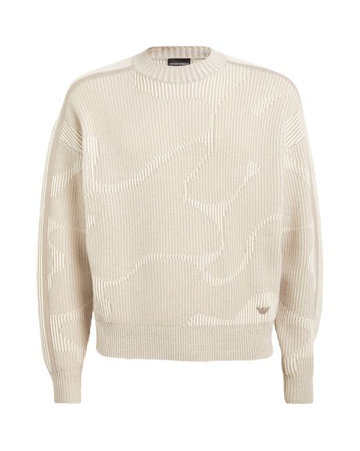 Emporio Armani White Jacquard Ribbed Sweater for men