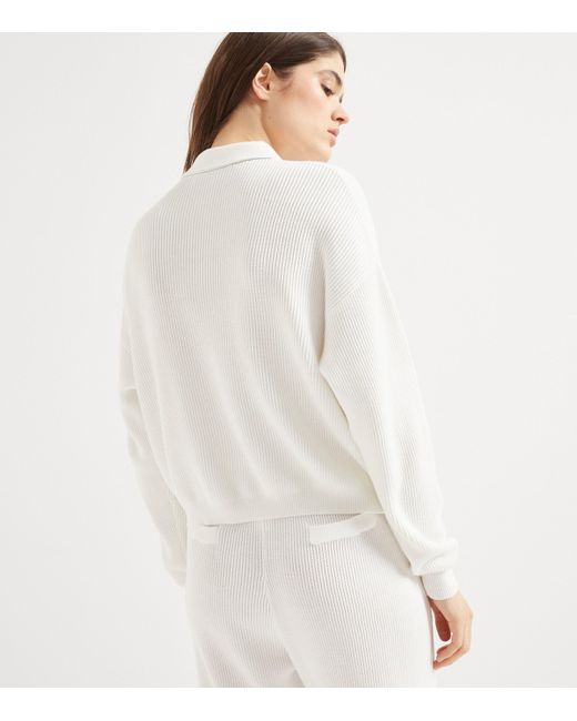 Brunello Cucinelli White English Rib-Knit Polo Sweater
