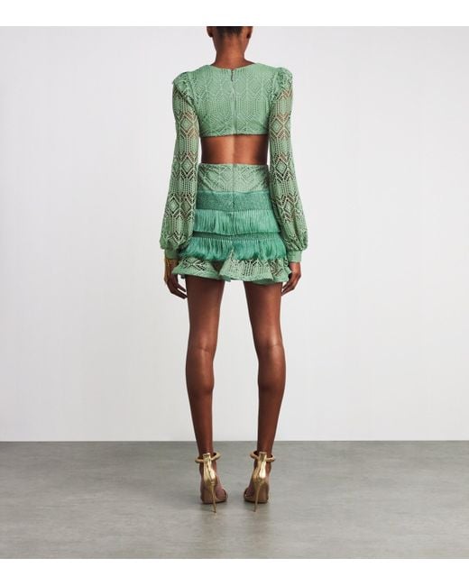PATBO Green Crochet Fringe-Trim Samba Mini Dress