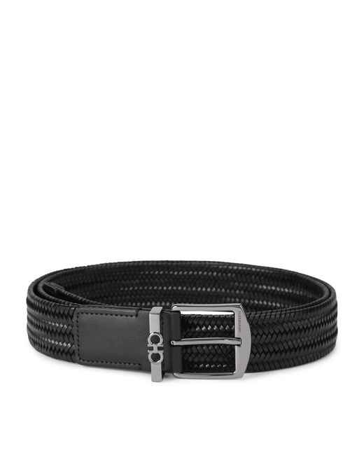 Ferragamo Black Leather Woven Gancini Belt for men