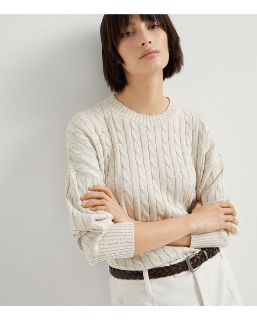 Brunello Cucinelli White Sequinned Cable-Knit Sweater