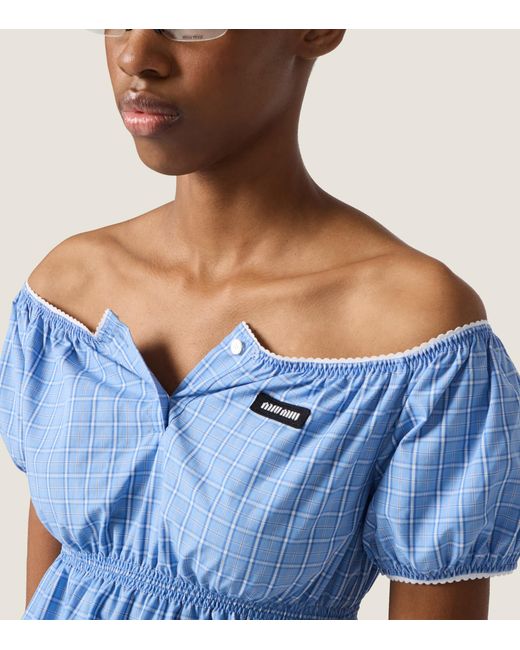 Miu Miu Blue Cotton Poplin Check Mini Dress
