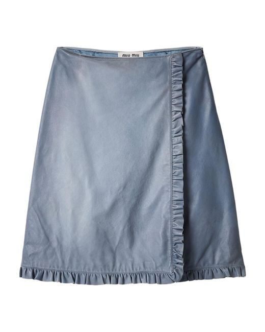 Miu Miu Blue Nappa Leather Ruffle Midi Skirt