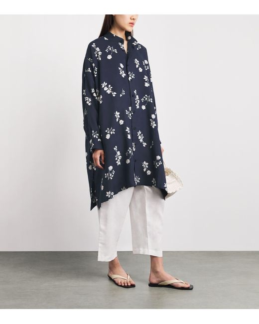 Eskandar Blue Linen Floral Midi Shirt Dress