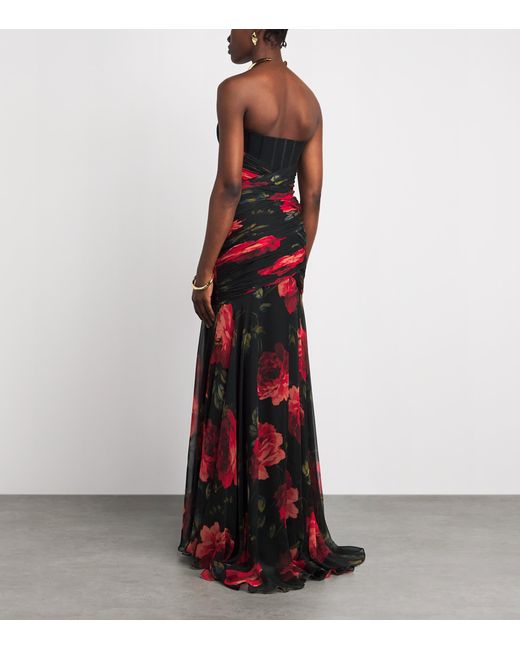 Carolina Herrera Red Silk Chiffon Floral Bustier Gown