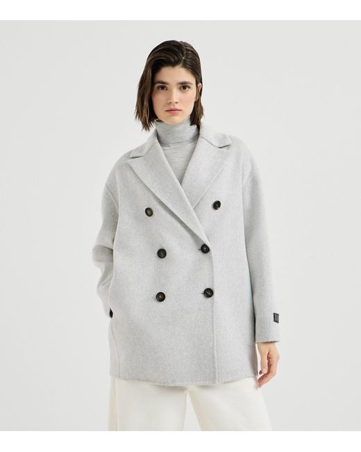 Brunello Cucinelli White Cashmere Beaver Pea Coat