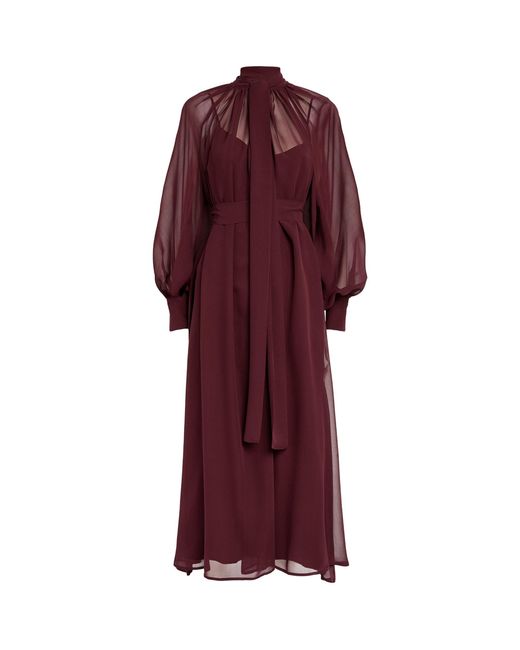 Kiton Red Silk Long-sleeve Midi Dress