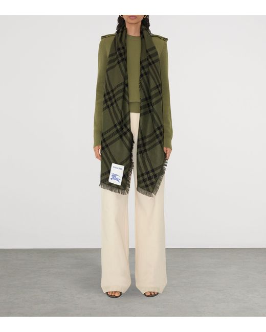 Burberry Green Silk-Wool Wide Check Scarf