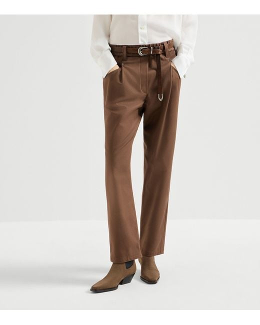 Brunello Cucinelli Brown Stretch-Cotton Pleated Trousers