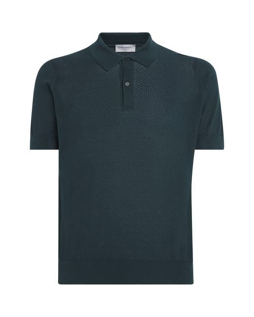 John Smedley Blue Sea Island Cotton Textured Calun Polo Shirt for men