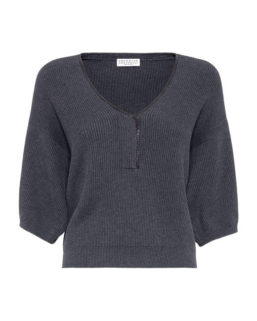 Brunello Cucinelli Blue Cotton Short-sleeve Sweater