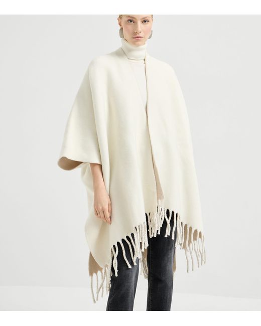 Brunello Cucinelli White Wool-Cashmere Reversible Poncho