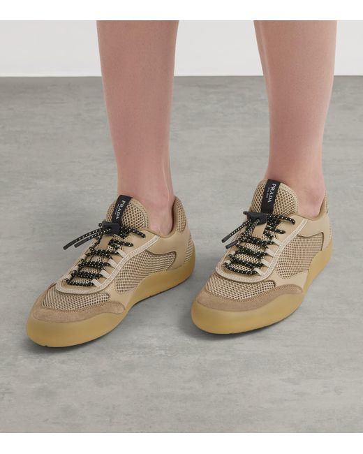 Prada Brown Leather-Mesh Speedrock Sneakers