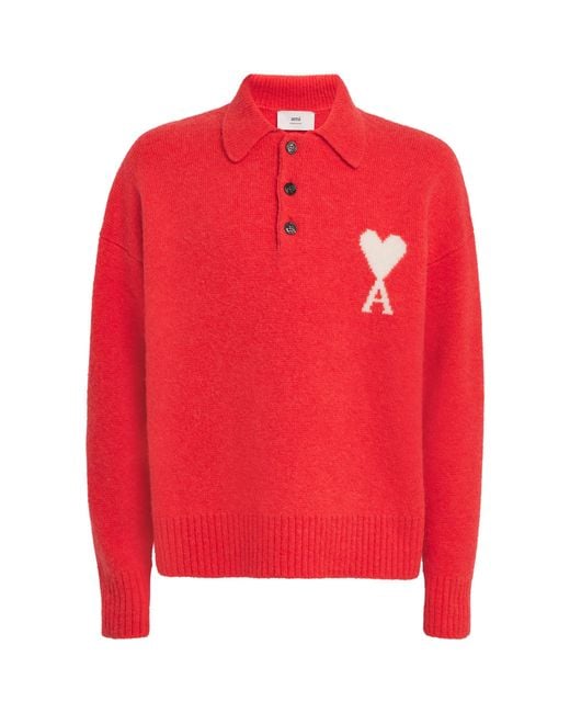 AMI Red Alpaca-Blend Ami De Coeur Polo Sweater for men