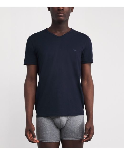Emporio Armani Blue Pure Cotton V-Neck T-Shirts for men