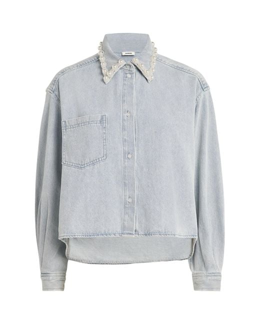 Sandro Gray Denim Embellished Cropped Shirt