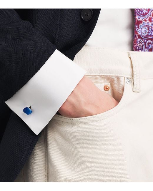 Babette Wasserman Blue Rhodium-Plated Catseye Twist Square Cufflinks for men