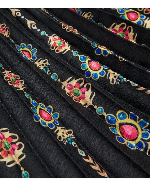 Saloni Black Satin Pendant Stripe Print Pleated Midi Skirt