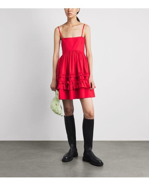 Ganni Red Cotton Ruffled Mini Dress
