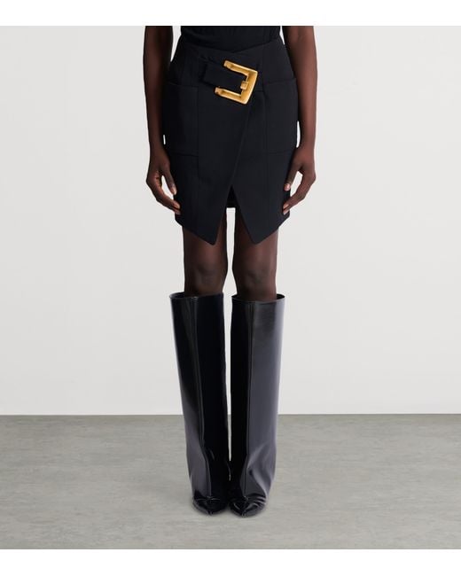 Balmain Black Virgin Wool Belted Mini Skirt