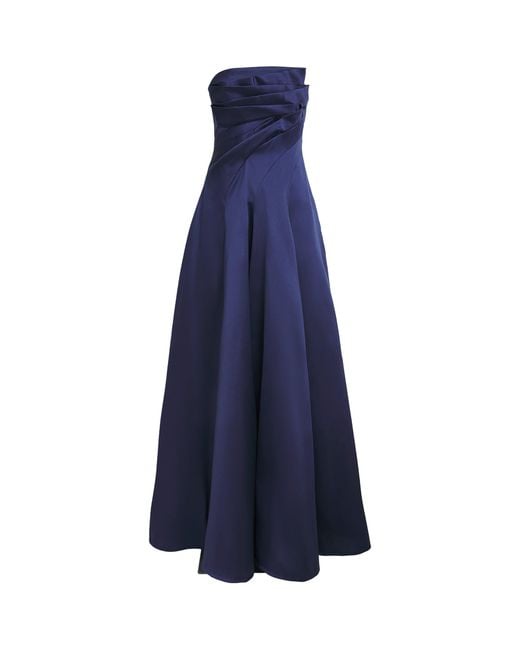 Talbot Runhof Blue Mikado Satin Pleated Gown