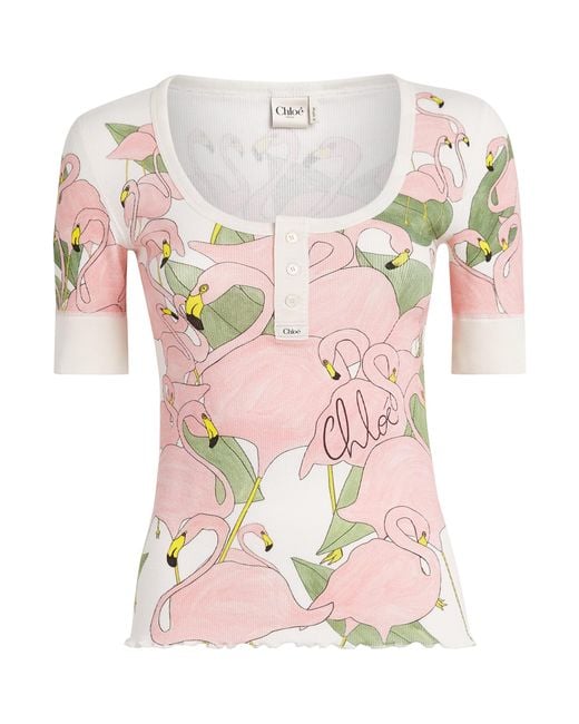 Chloé Pink Cotton Flamingo Print Henley T-Shirt