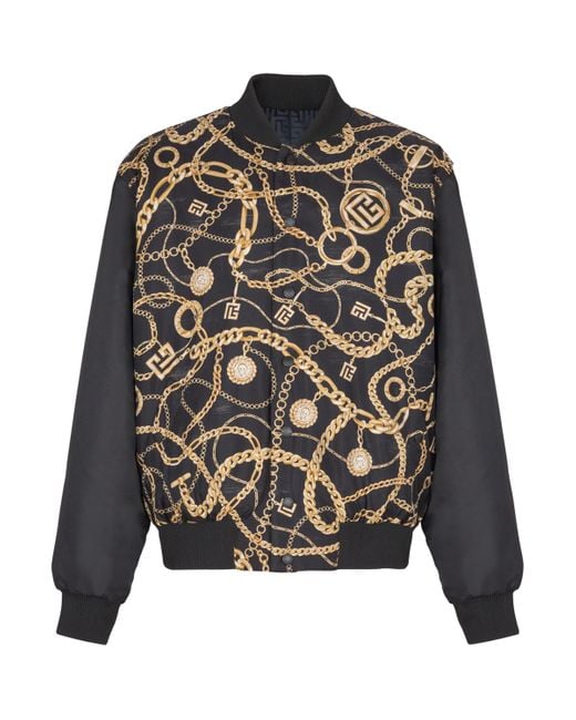 Balmain Gray Silk Reversible Chain Bomber Jacket for men