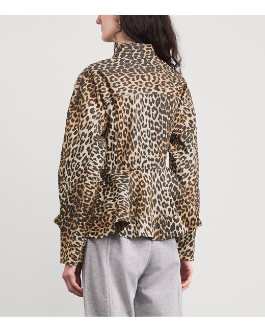 Ganni Brown Organic Cotton Leopard Peplum Shirt