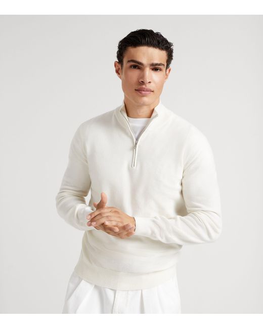 Brunello Cucinelli White Cashmere Half-Zip Sweater for men