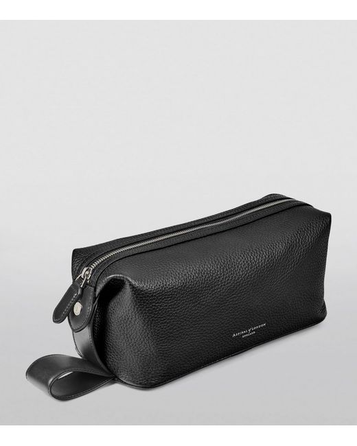 Aspinal Black Leather Reporter Wash Bag for men