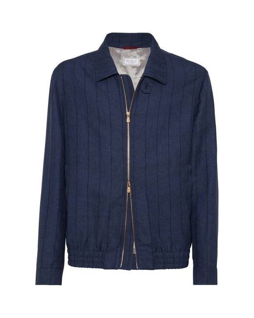 Brunello Cucinelli Blue Wool-linen Blend Striped Bomber Jacket for men