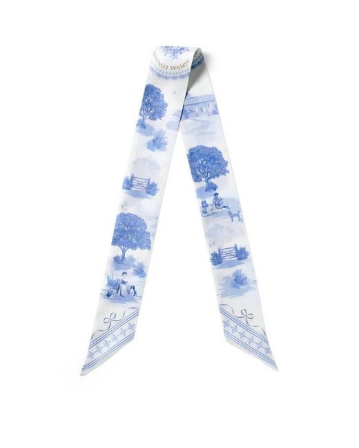 Aspinal Blue Silk Landscape Skinny Scarf