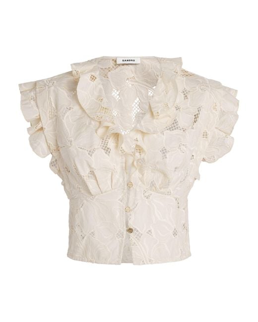 Sandro White Embroidered Floral Crop Top