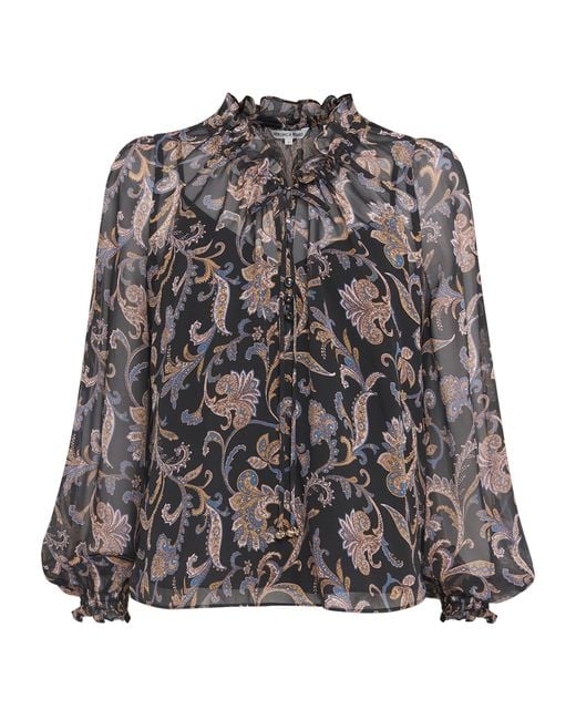 Veronica Beard Gray Stretch-Silk Paisley Hickory Blouse