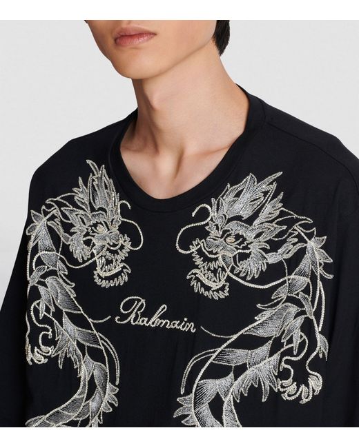 Balmain Black Cotton Rhinestone-embroidered T-shirt for men