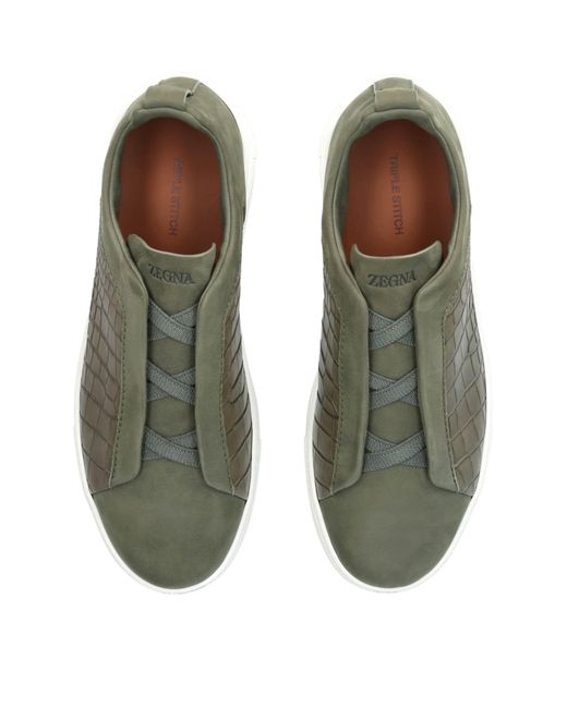 Zegna Green Crocodile Leather Triple Stitch Secondskin Sneakers for men