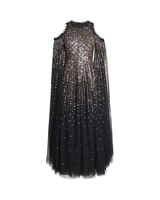 Needle & Thread Black Sequin Cape-Detail Moonlight Maxi Dress