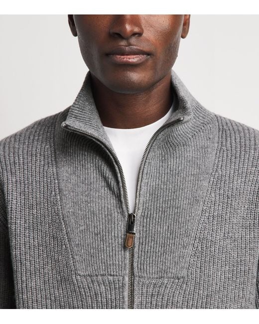 Canali Gray Wool-Cashmere High-Neck Zip-Up Cardigan for men