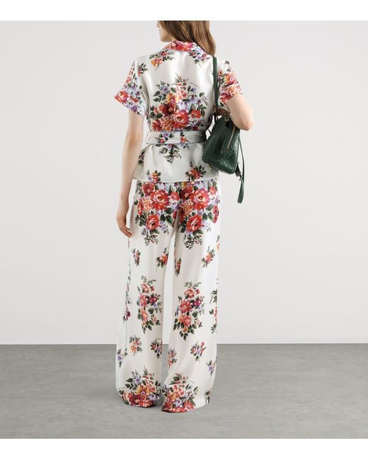 Dolce & Gabbana White Satin Floral Drawstring Trousers