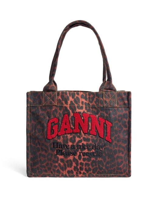Ganni Red Large Leopard Easy Tote Bag
