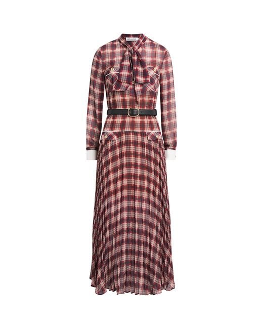 Self-Portrait Red Chiffon Checked Midi Dress