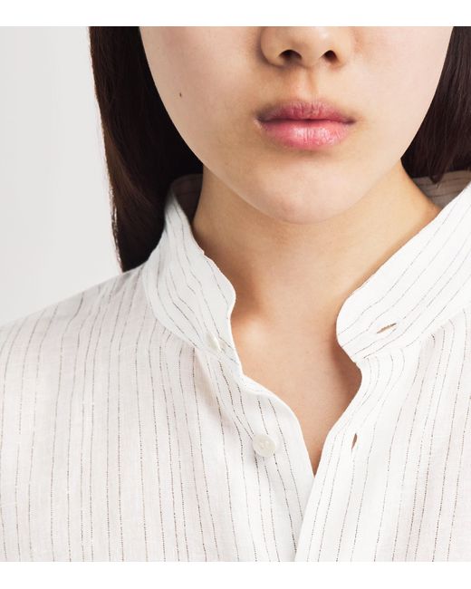 Eskandar White Linen-Blend Collarless Stripe Shirt