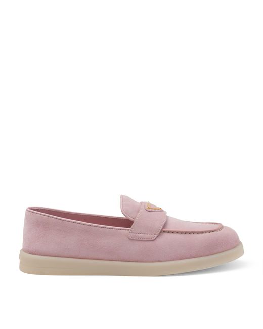 Prada Pink Suede Triangle Loafers