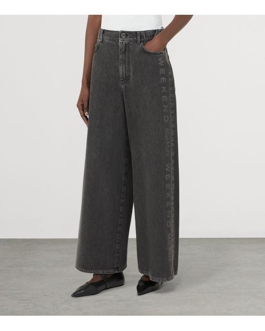 Weekend by Maxmara Gray Logo-Printed Authentic Wide-Leg Jeans